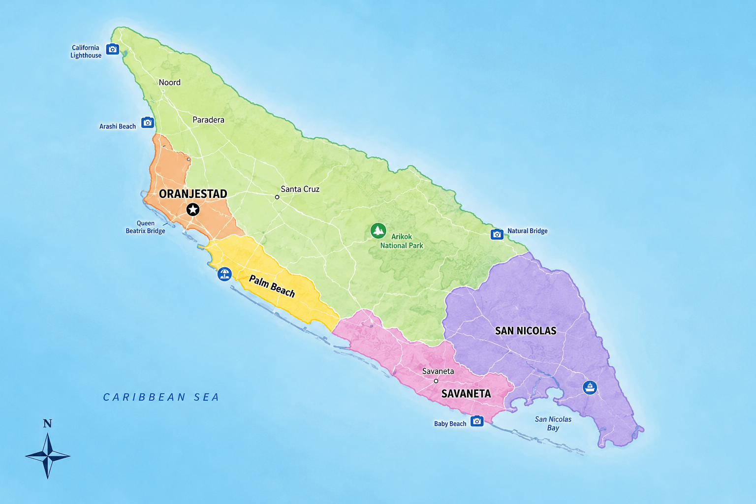 Map of Aruba showing Aruba Discovery advertising coverage areas including Oranjestad, Palm Beach, Savaneta, and San Nicolas