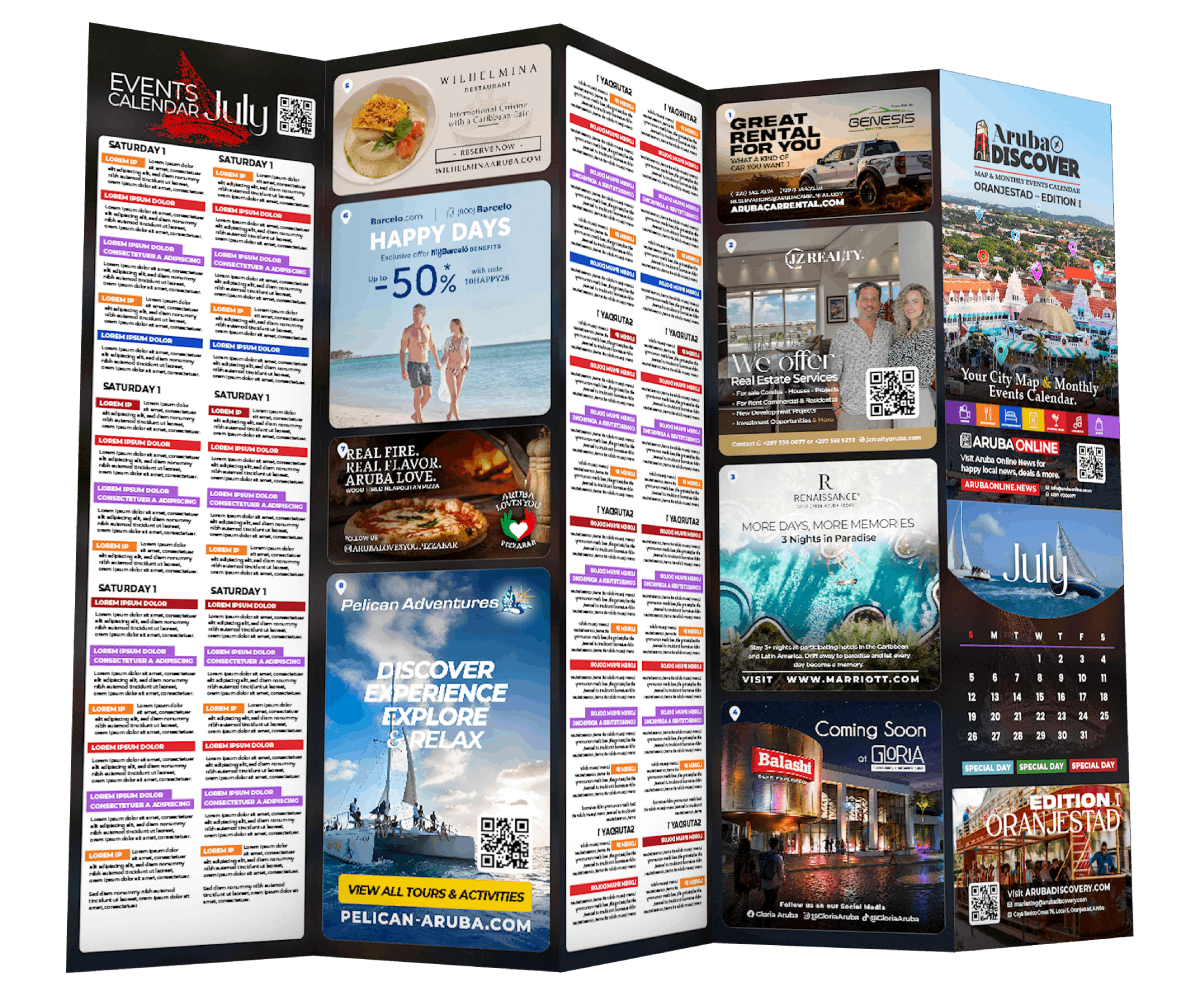 Aruba Discovery publication featuring events calendar, local business advertisements, tourism promotions, and visitor information for Aruba